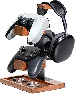 Solid Wood Controller Holder and Headphone Stand, Gaming Controller Stand for Desk, Dual...