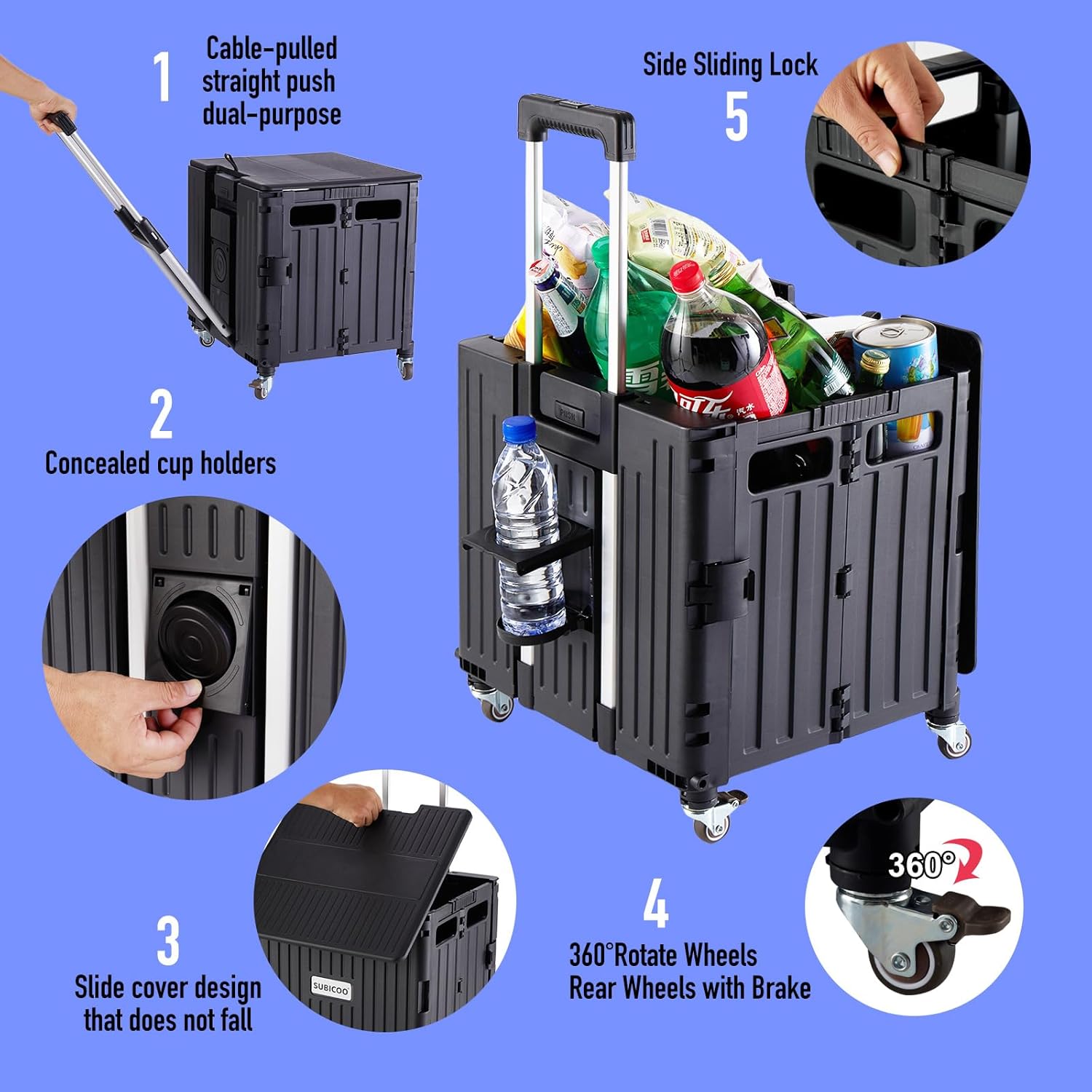 SUBICOO Folding Utility Cart Portable Rolling Crate Handcart Shopping Trolley Collapsible... image