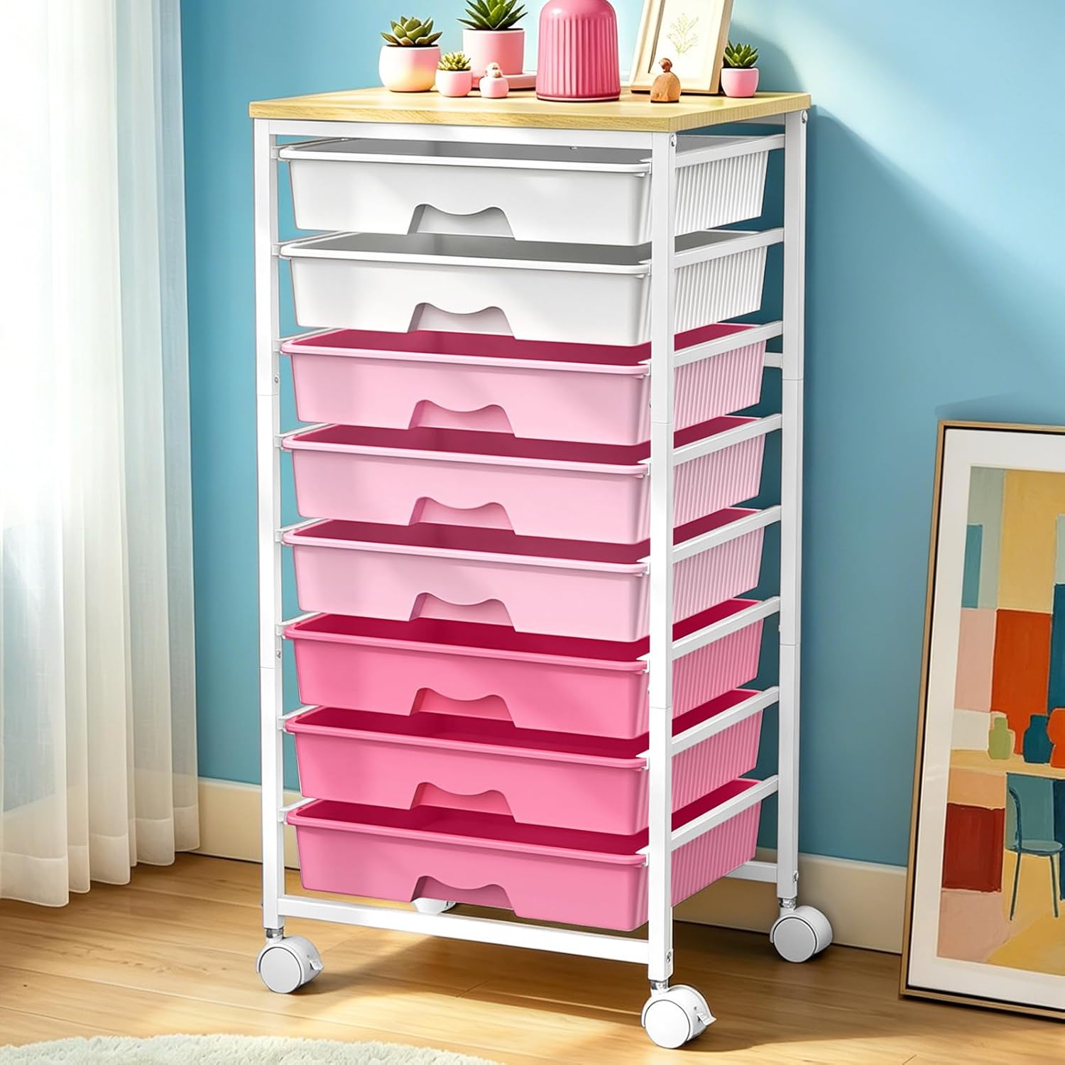SUNALLY Rolling Storage Utility Cart With 8 Drawers, Storage Drawer Cart with Wooden...