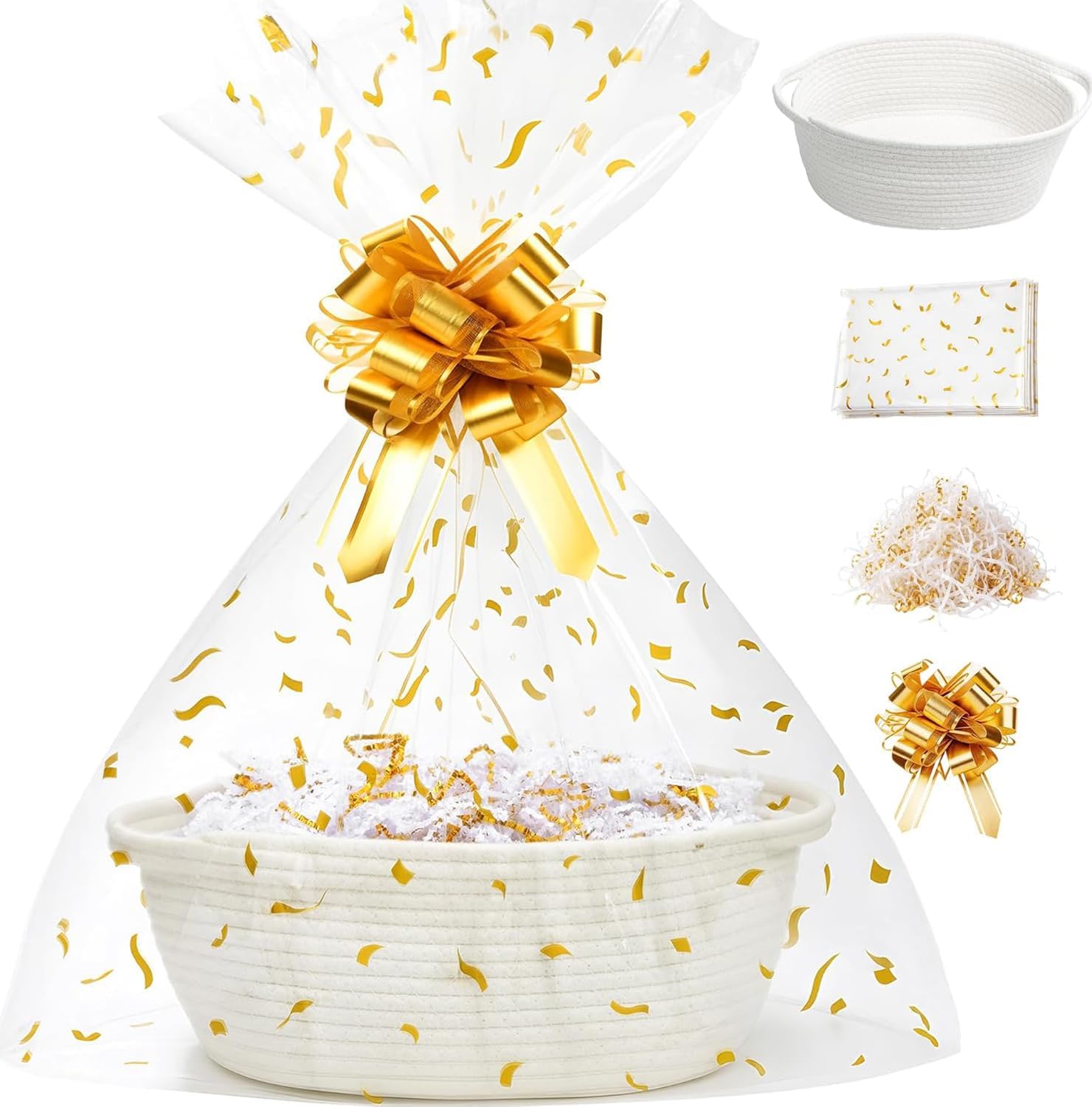 SUNCOLOR Small Woven Gift Basket Set with Cut Paper Shred Filler, Pull Bow & Cellophane Bag...