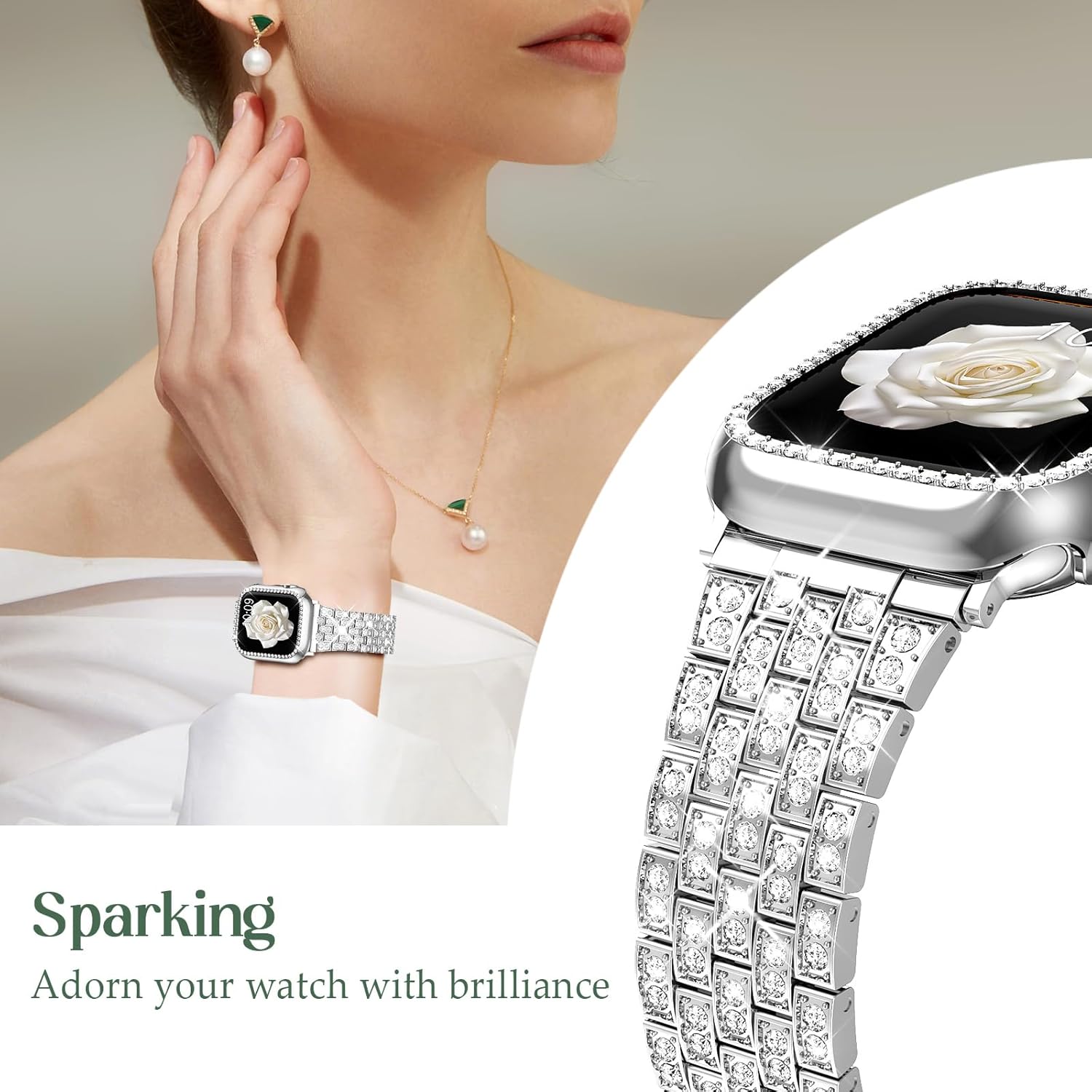 Supoix Compatible with Apple Watch Band 38/40/41/42/44/45/46/49mm+ Case, Women Jewelry Bling... image