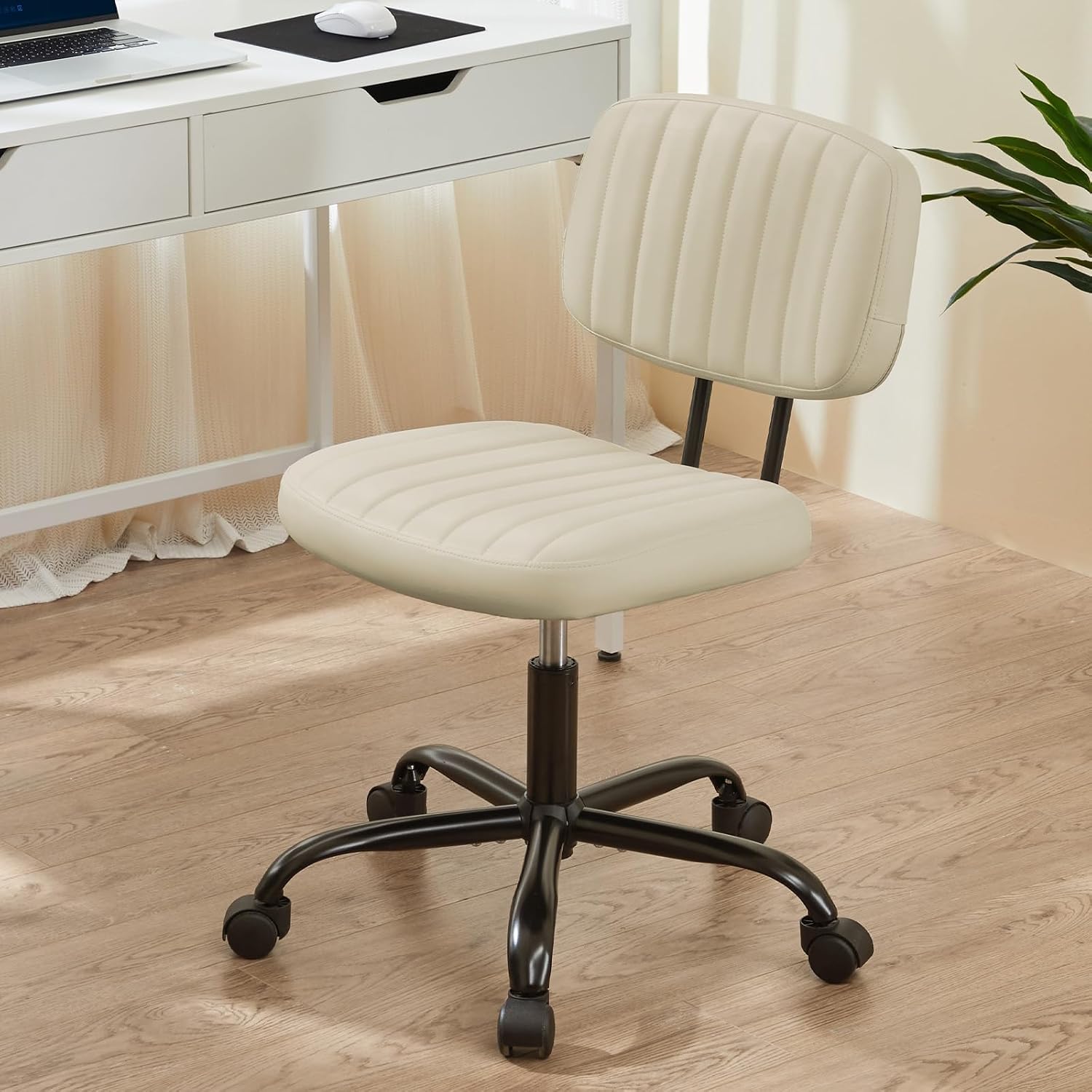 Sweetcrispy Small Office Desk Chair - Armless PU Leather with Comfy Lumbar Support, Height...