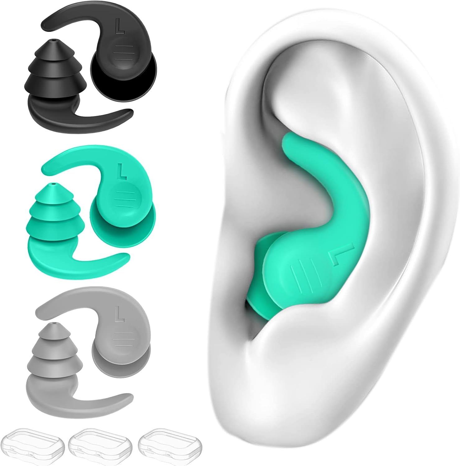 Swimming Ear Plugs for Adults,3 Pairs Waterproof Reusable Silicone Swim Earplugs for...