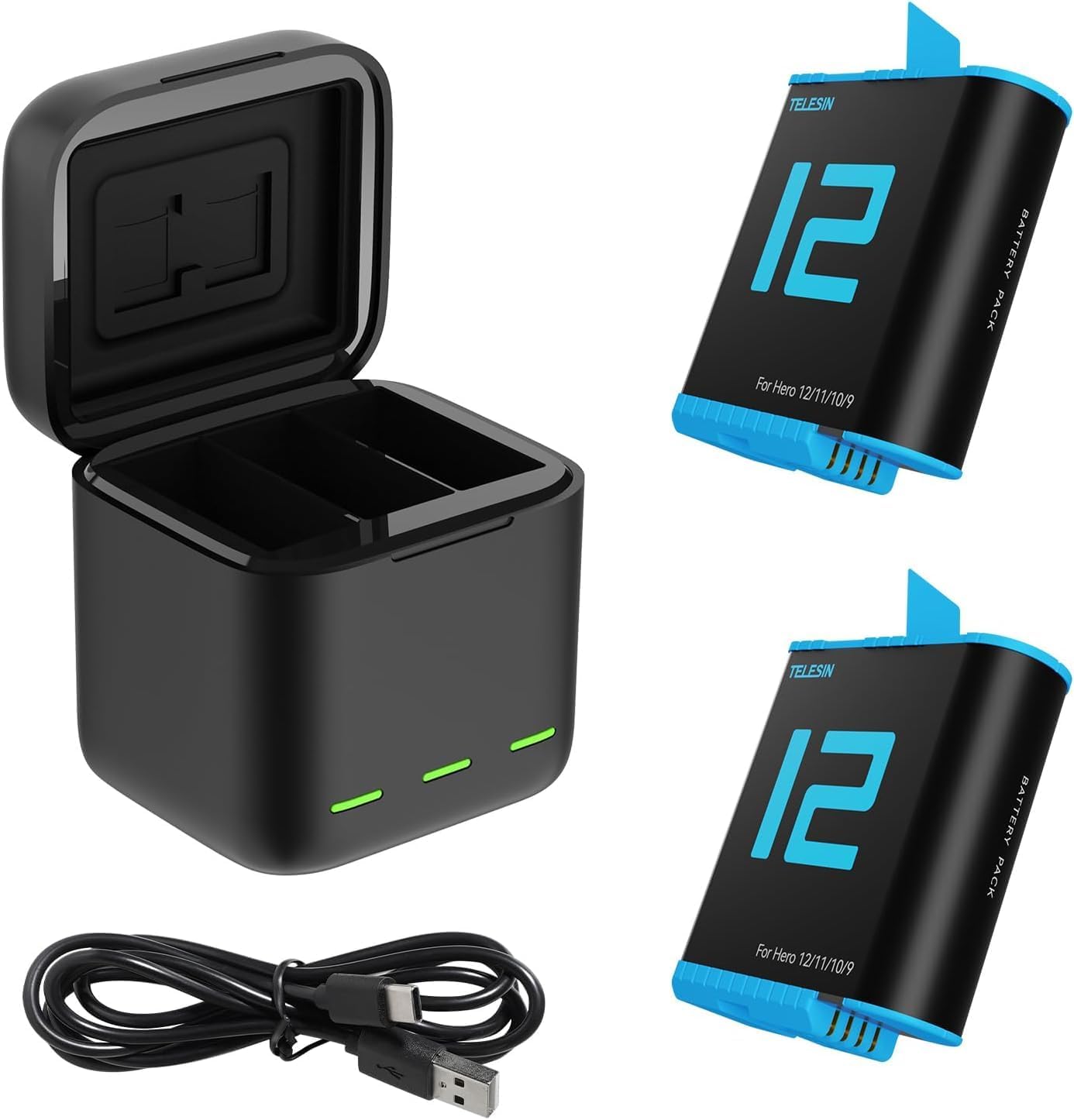 TELESIN Battery Charger Kit for GoPro Hero 12 11 10 9 Black, 2-Pack Battery + Triple Charge...