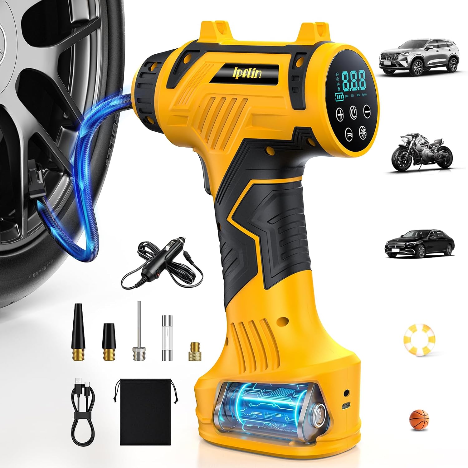 𝟗𝟔𝟎𝟎𝐦𝐀𝐡 Tire Inflator Portable Air Compressor - Corded/Cordless Tire...