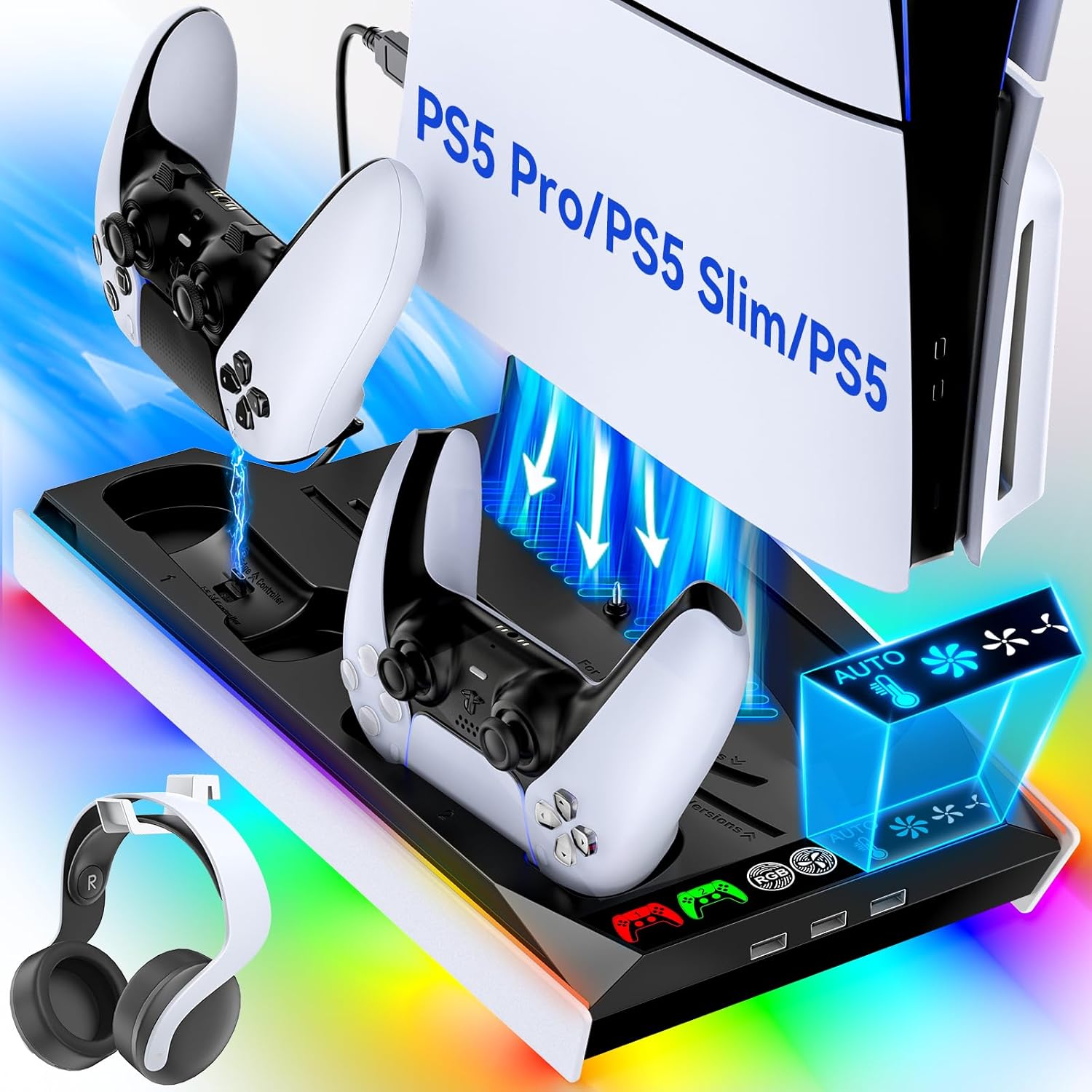 Tokluck PS5/Slim/Pro Cooling Station with Auto Turbofan & 3-Level Speed, PS5 Vertical Stand... image