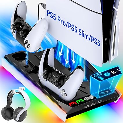 Tokluck PS5/Slim/Pro Cooling Station with Auto Turbofan & 3-Level Speed, PS5 Vertical Stand...