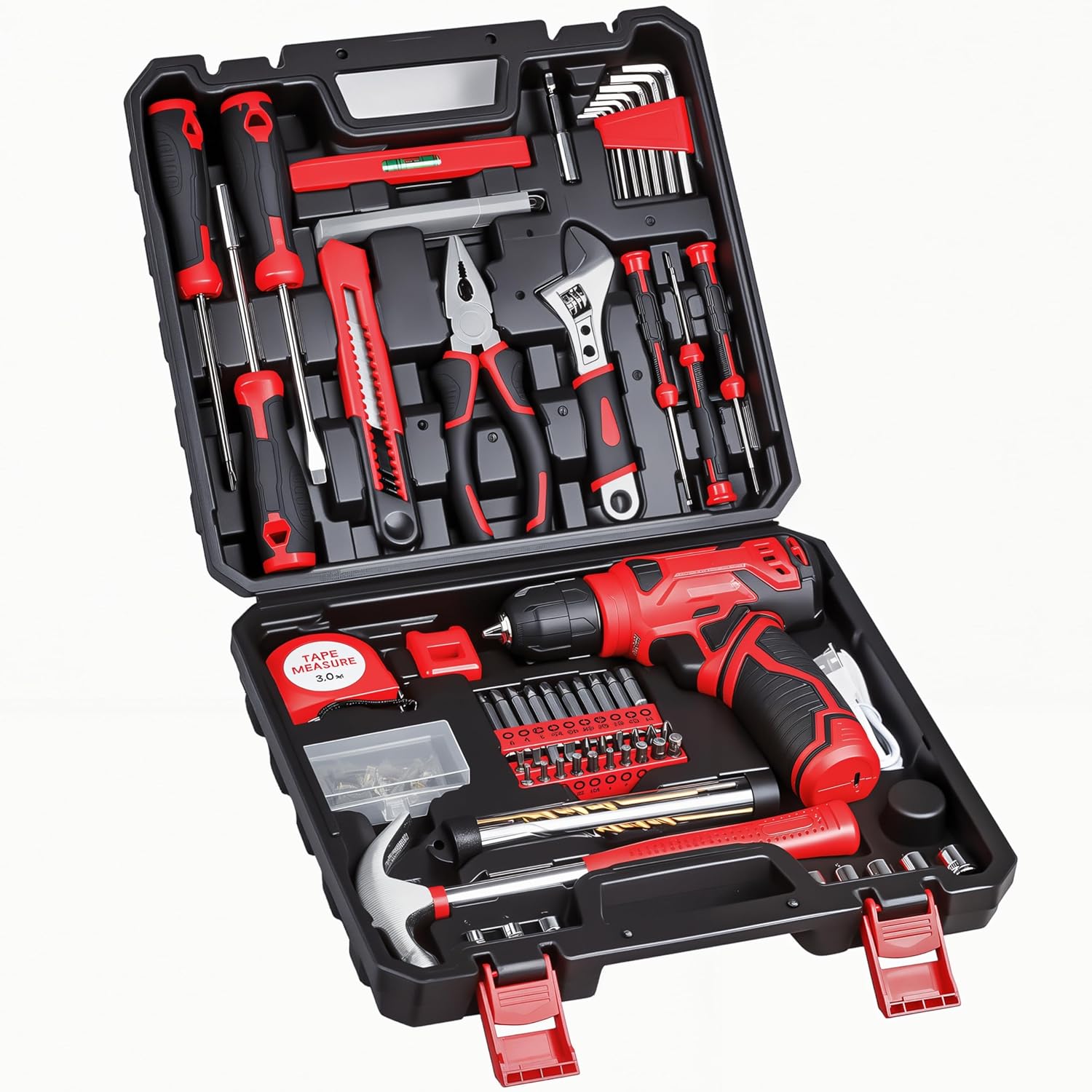 Tool Set - 8V Cordless Drill Set, 132 Piece Home Tool Set With Hand Drill, Tool Kit for...