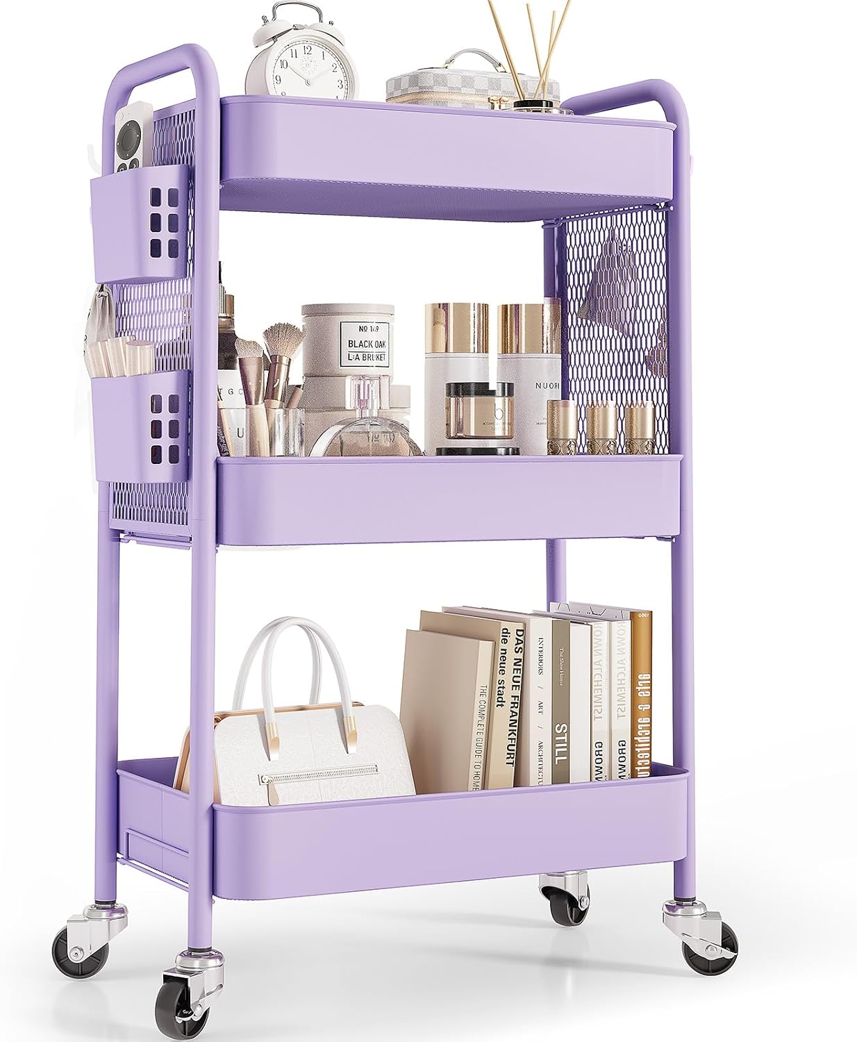 TOOLF 3 Tier Rolling Cart Storage Organizer, Metal Rolling Utility Cart with Wheels, Hooks &...