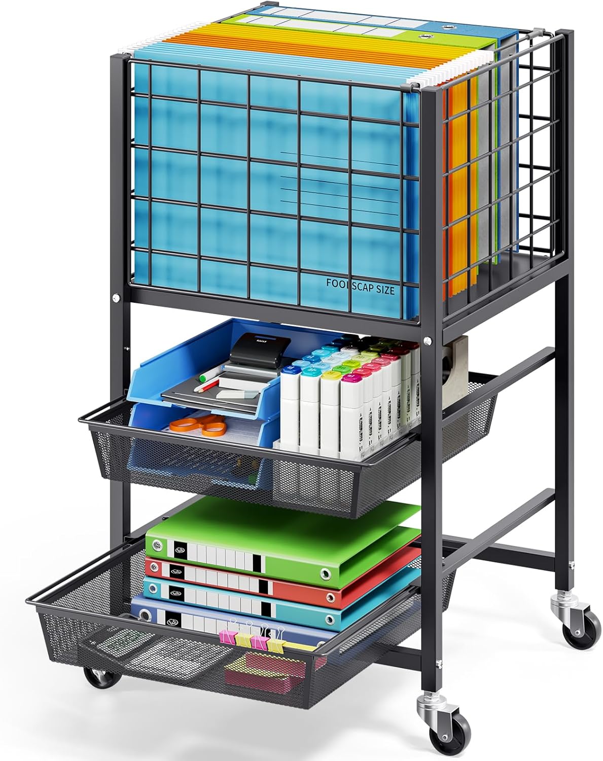 TOOLF Rolling File Cart, 3-Tier Metal File Cabinet with Wheel, Filing Cabinet with 2 Sliding...