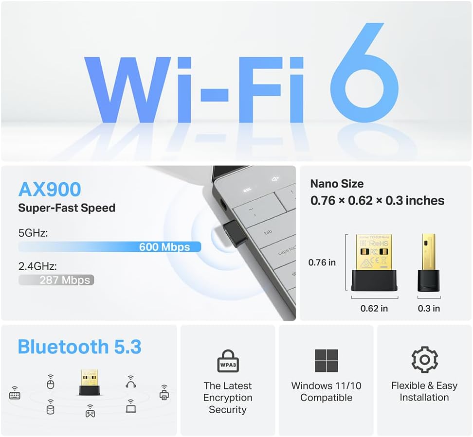 TP-Link 2-in-1 USB Bluetooth WiFi Adapter Archer TX10UB Nano | AX900 WiFi 6 BT 5.3 USB 2.0... image