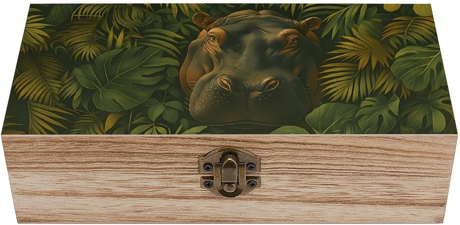 Tropical Jungle Hippo Retro Wooden Storage Box Keepsake Jewelry Decorative Art Storages Box...