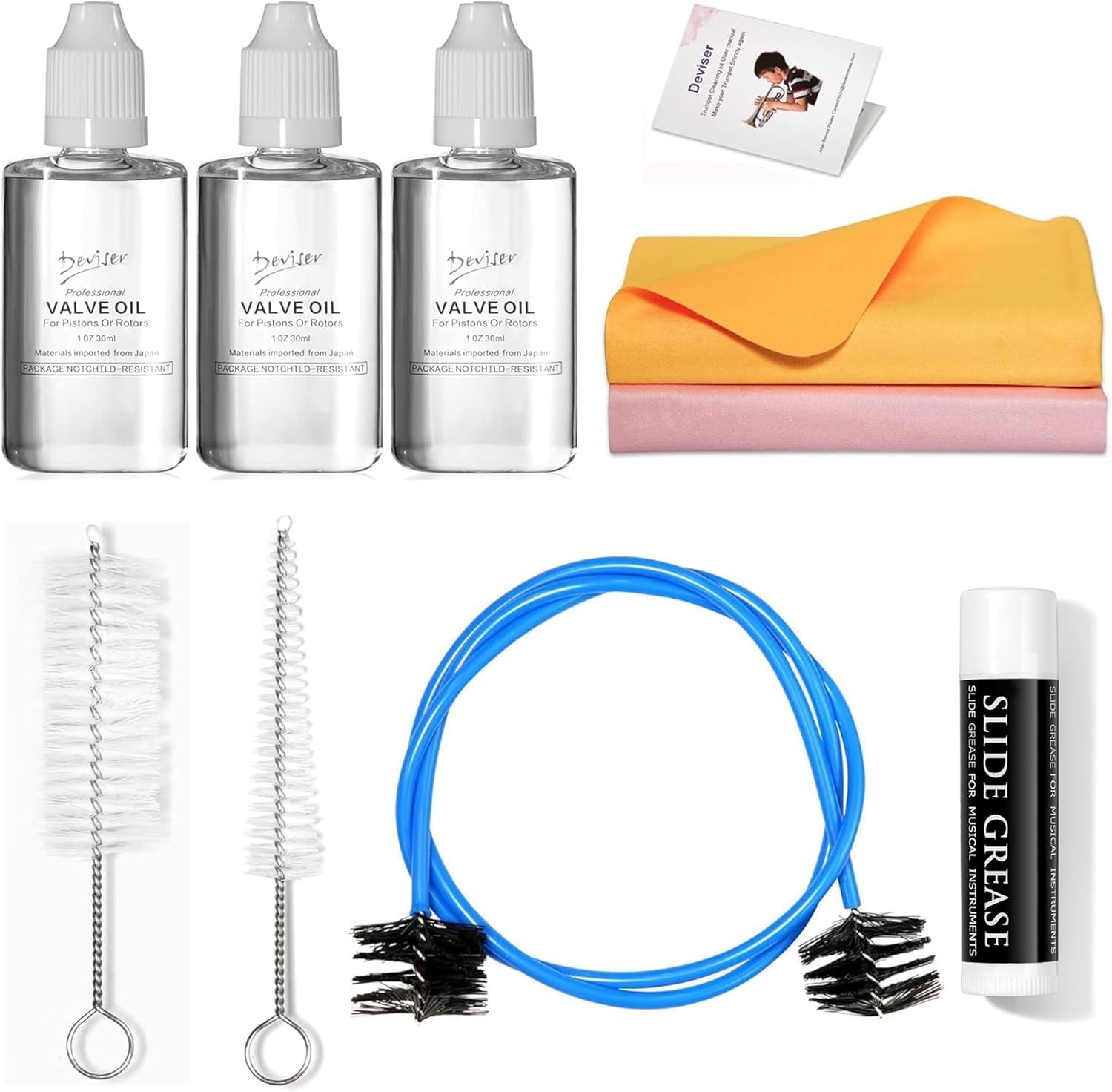 Trumpet Cleaning kit Deviser All in One Cornet Care kit:Valve Oil x3,Slide Grease,Cleaning...