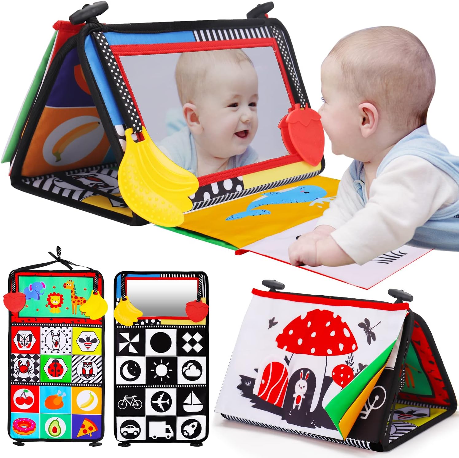 Tummy Time Baby Mirror Infant Toys Newborn 0 3 Months Brain Development with Crinkle Cloth...