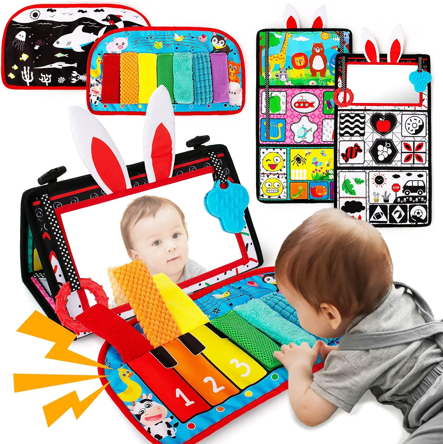Tummy Time/Baby Mirror Toys, Black and White High Contrast Tabletop Mount Baby Newborn Toys...
