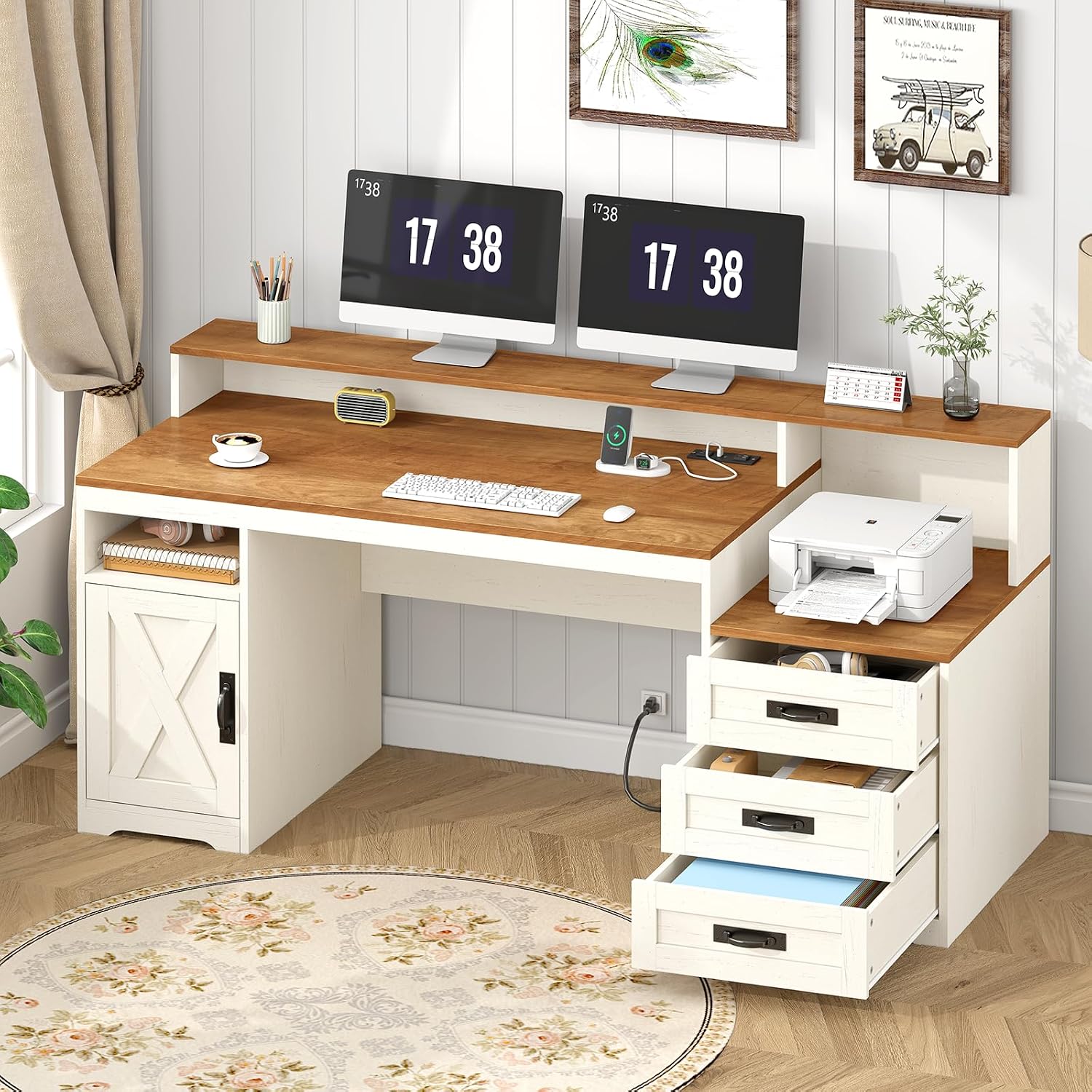 TVU Farmhouse Computer Desk with Drawers, 65'' Home Office Desk with Power Outlets, Storage...