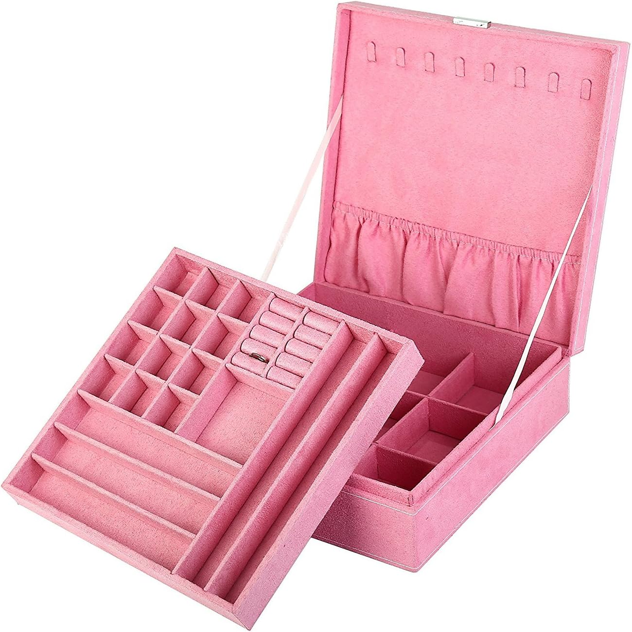 Two-Layer Jewelry Box Organizer Display Storage case with Lock (Pink)