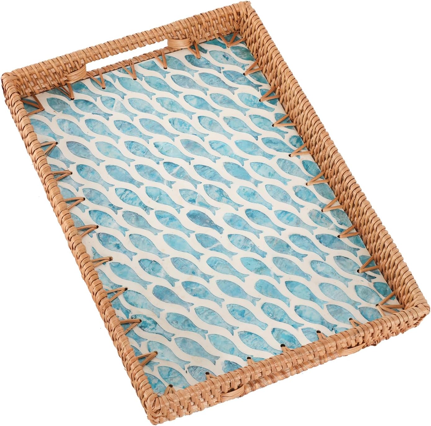 Tynulox Rectangle Rattan Tray with Mother of Pearl Inlay, Rattan Serving Tray with Handle...