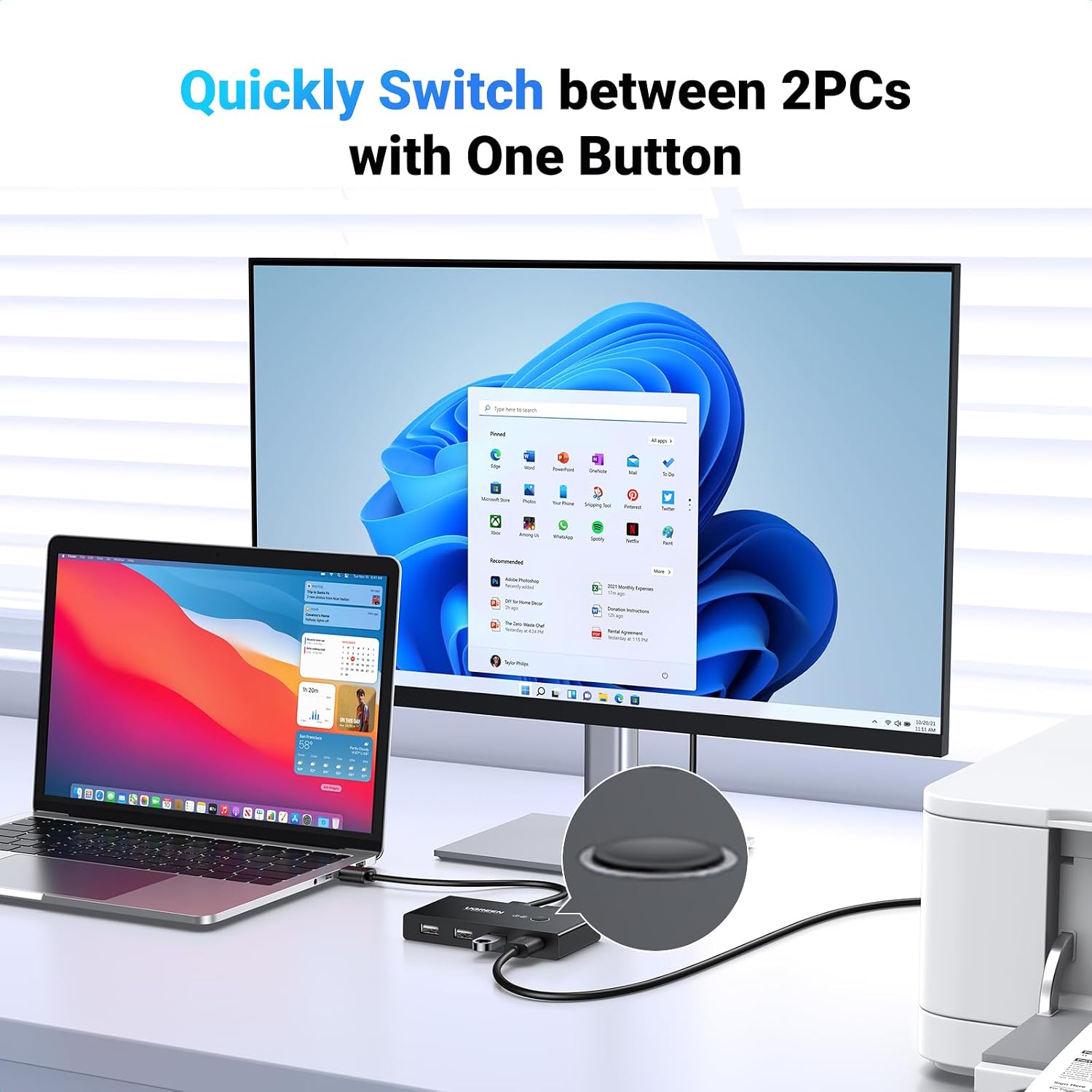 UGREEN USB Switch Selector 2 Computers Sharing 4 USB Devices USB 2.0 Peripheral Switcher Box... image