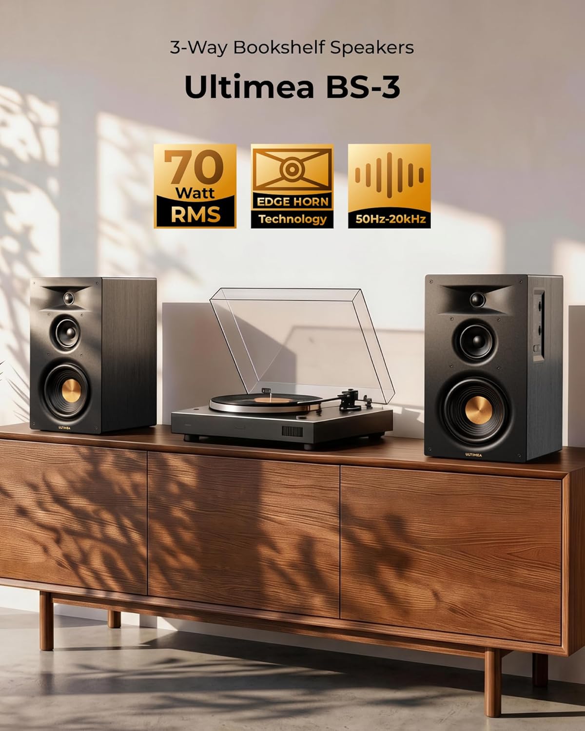 ULTIMEA 3-Way Powered Bookshelf Speakers with 5.25'' Woofer, 70W RMS, App, Edge Horn &... image