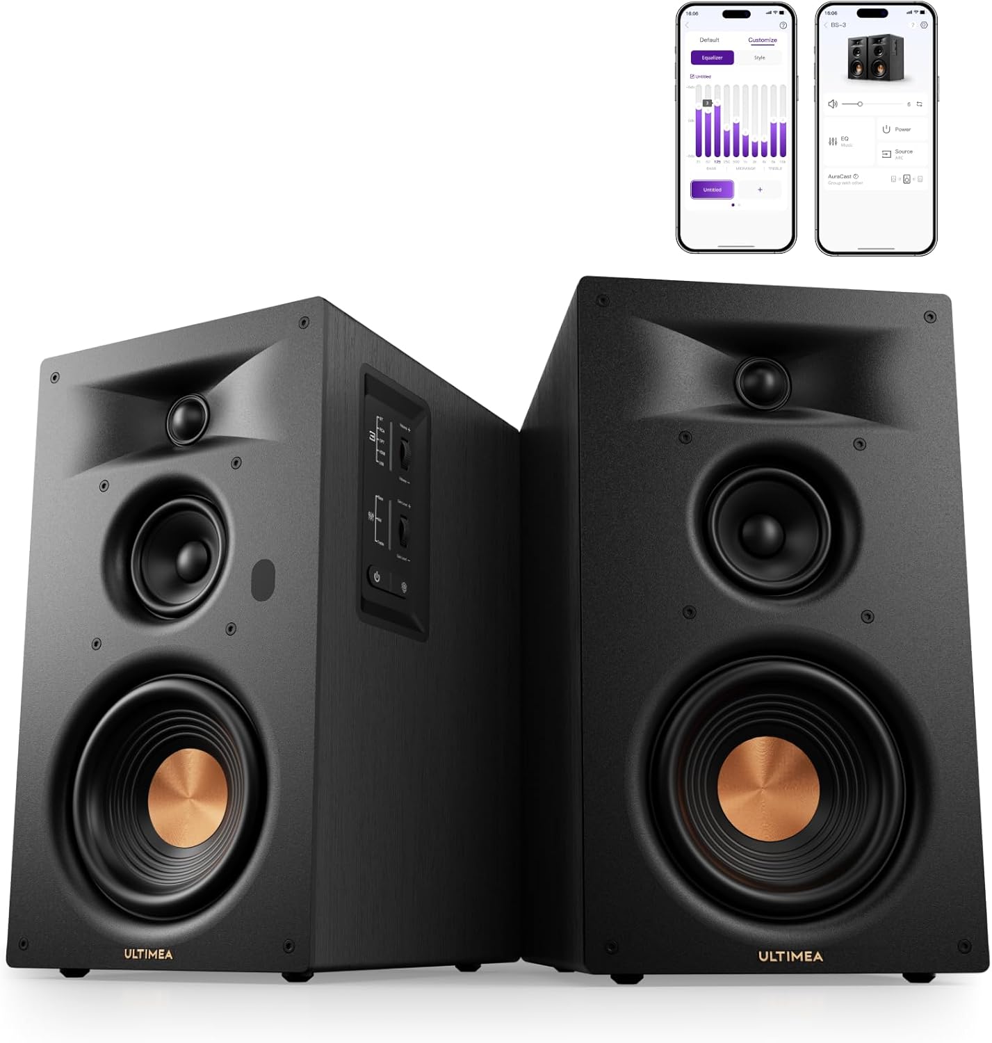 ULTIMEA 3-Way Powered Bookshelf Speakers with 5.25'' Woofer, 70W RMS, App, Edge Horn &...