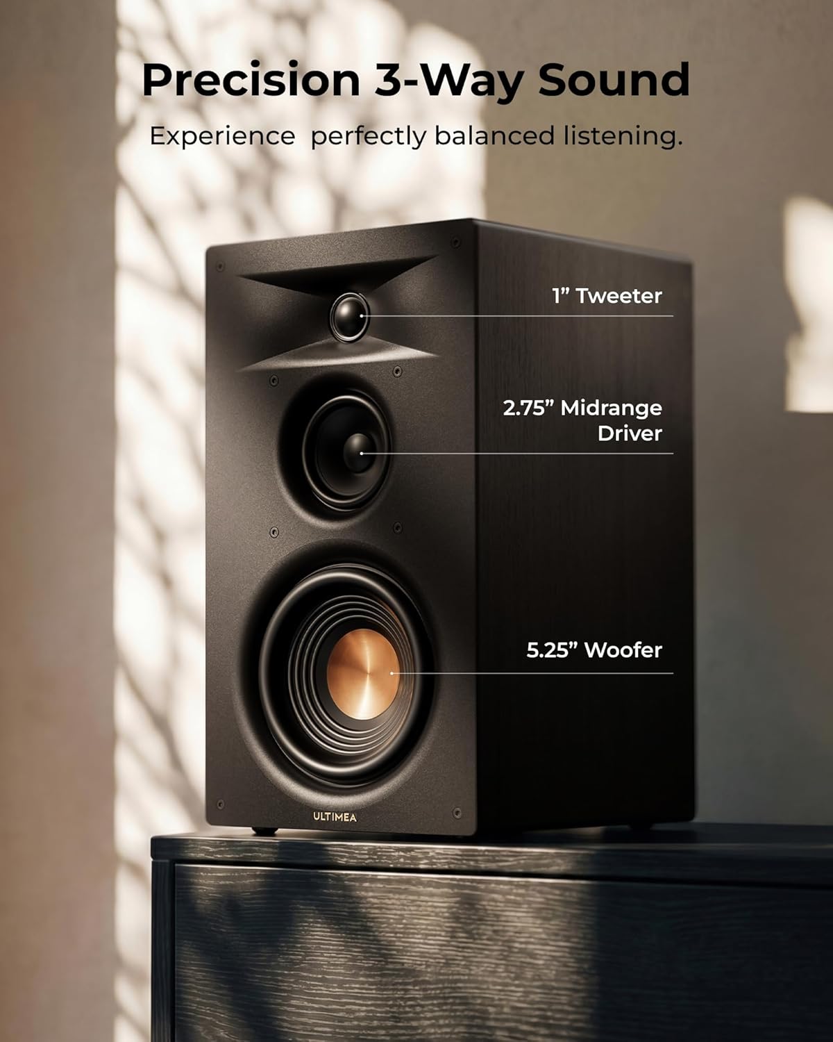 ULTIMEA 3-Way Powered Bookshelf Speakers with 5.25'' Woofer, 70W RMS, App, Edge Horn &... image