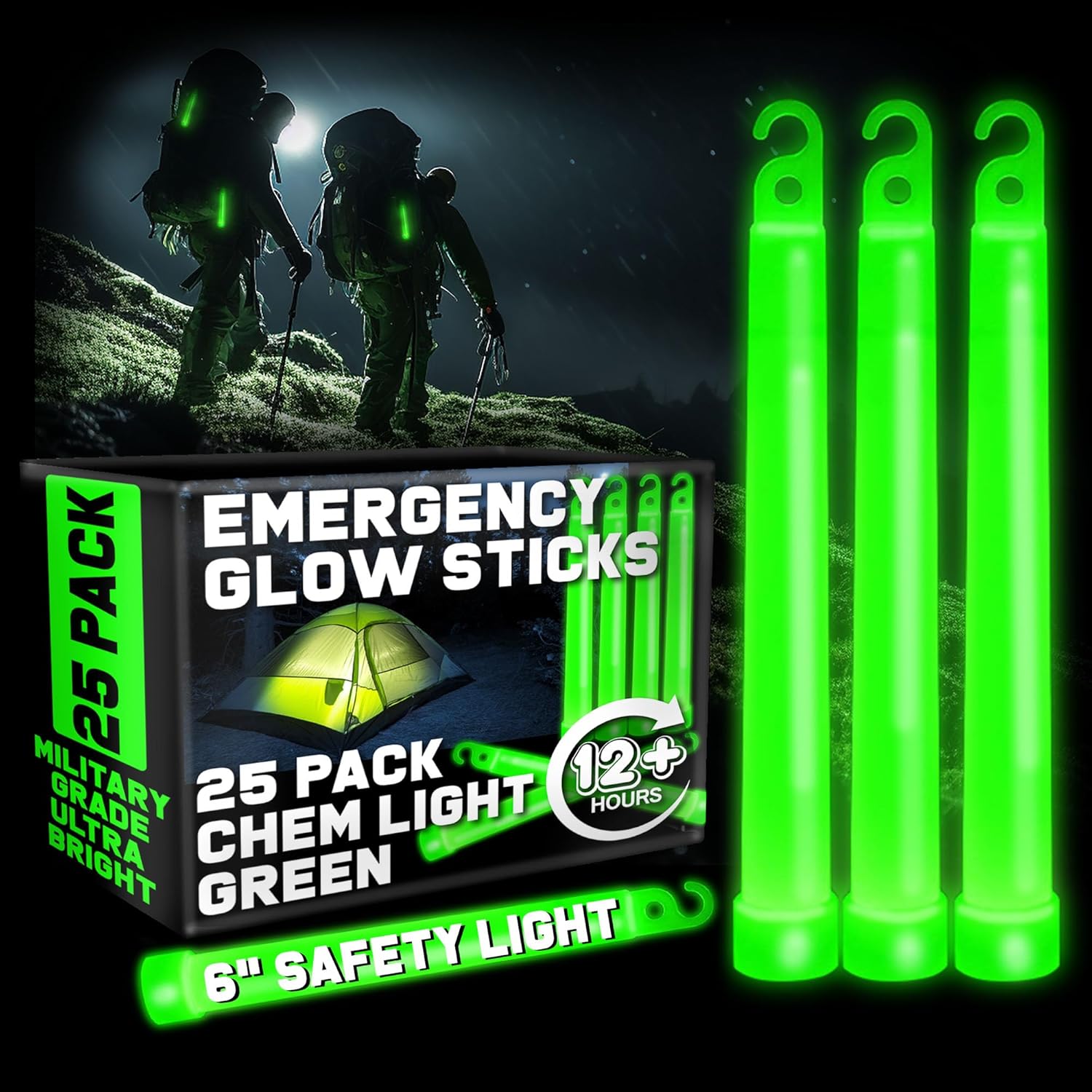 Ultra Bright Green Glow Sticks Emergency Chem Lights (6", 25 Pack) Military Grade 12 Hour...