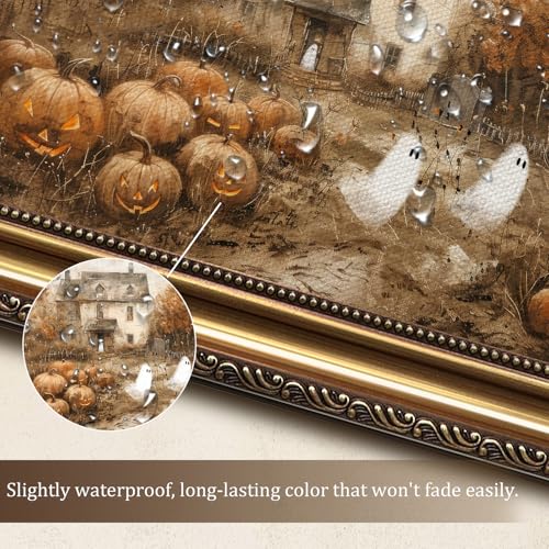 uniro Vintage Gold Framed Wall Art, Vintage Cute Ghosts Haunted Halloween Painting, Spooky... image