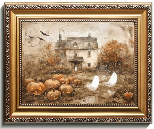 uniro Vintage Gold Framed Wall Art, Vintage Cute Ghosts Haunted Halloween Painting, Spooky... image