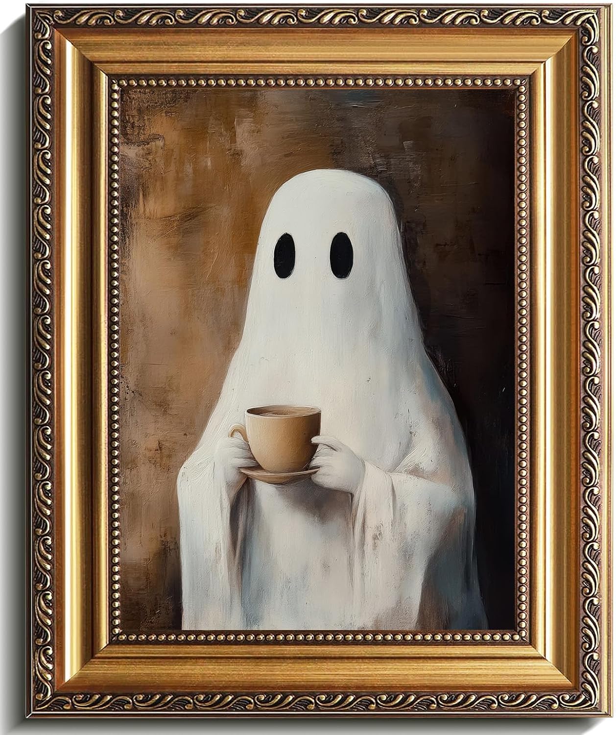 uniro Vintage Gold Framed Wall Art, Vintage Ghost Drinking Coffee Halloween Painting, Spooky...