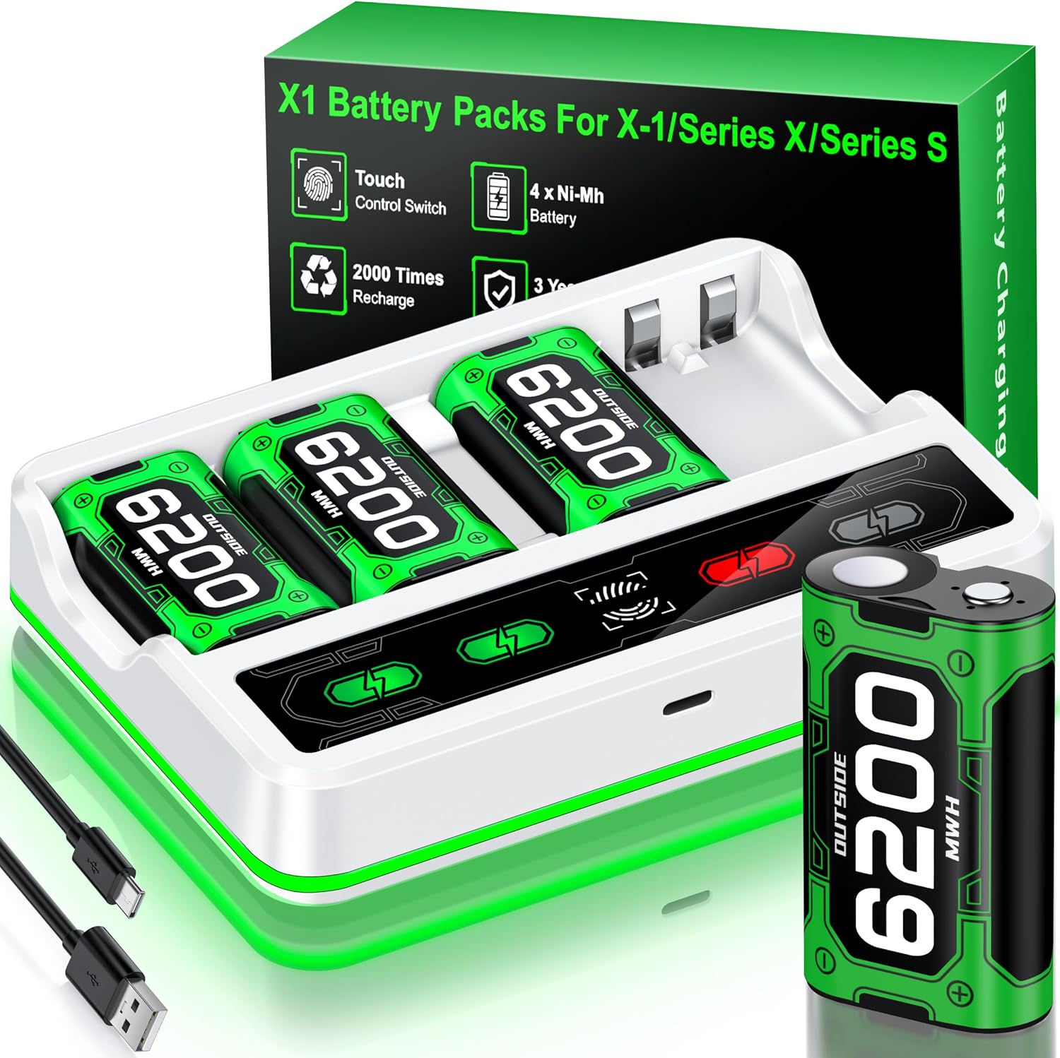 Upgraded Fast Charging Rechargeable Battery Pack for Xbox -4x6200mWh Batteries with Light...