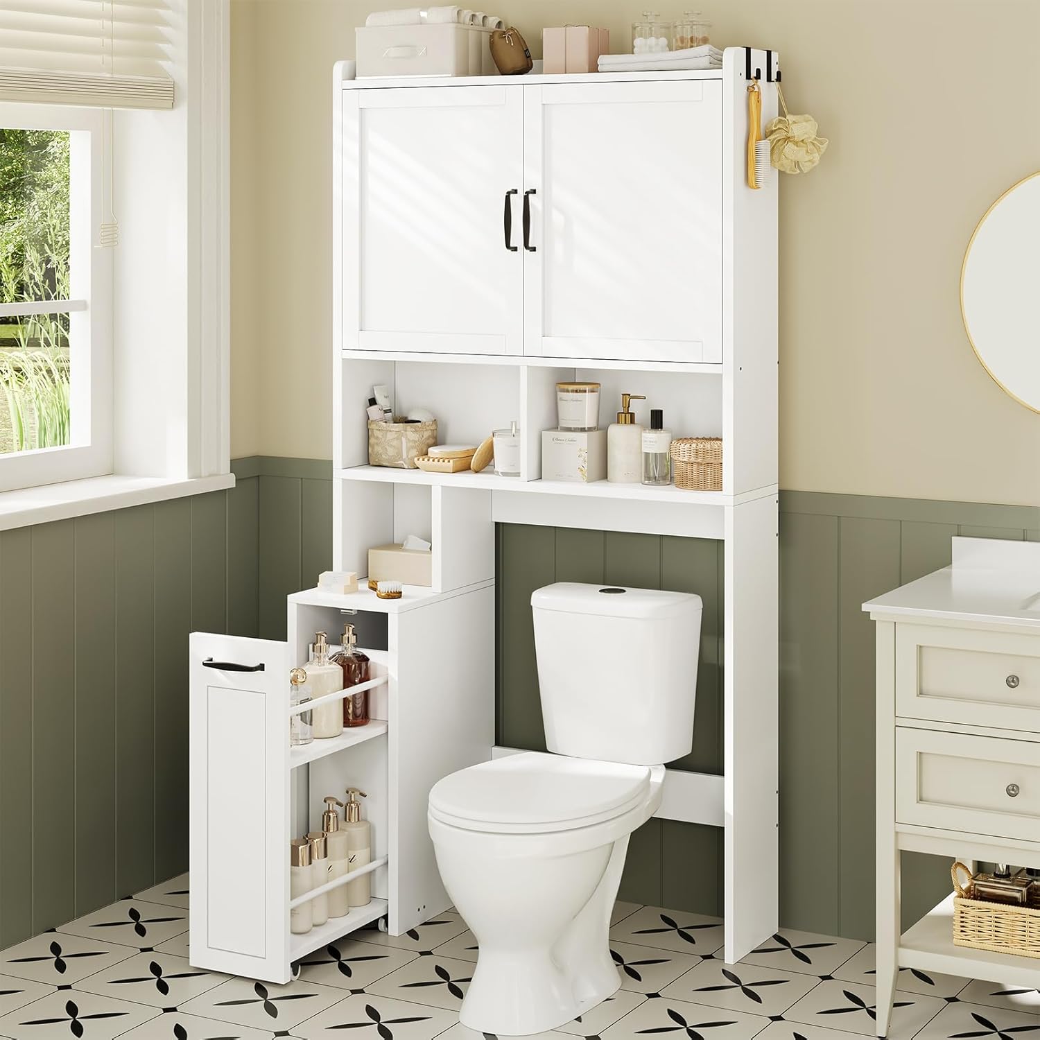 UPOSOJA Over The Toilet Storage Cabinet with Pulley Small Bathroom Storage Cabinet, Space...