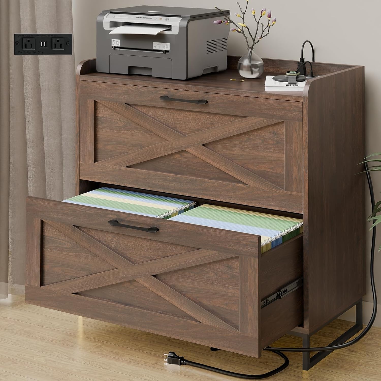 Vabches Lateral File Cabinet 2 Drawer File Cabinet with Charging Station, Modern Farmhouse...