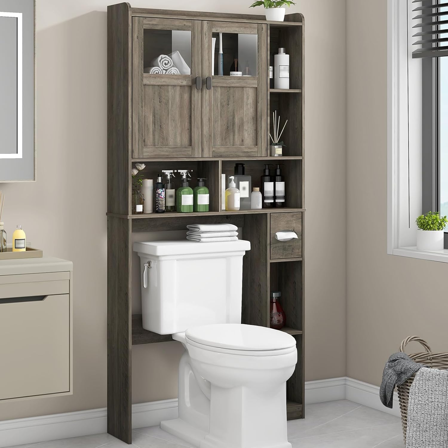 Vabches Over The Toilet Storage Cabinet, Bathroom Shelf Over Toilet with Glass Doors and...