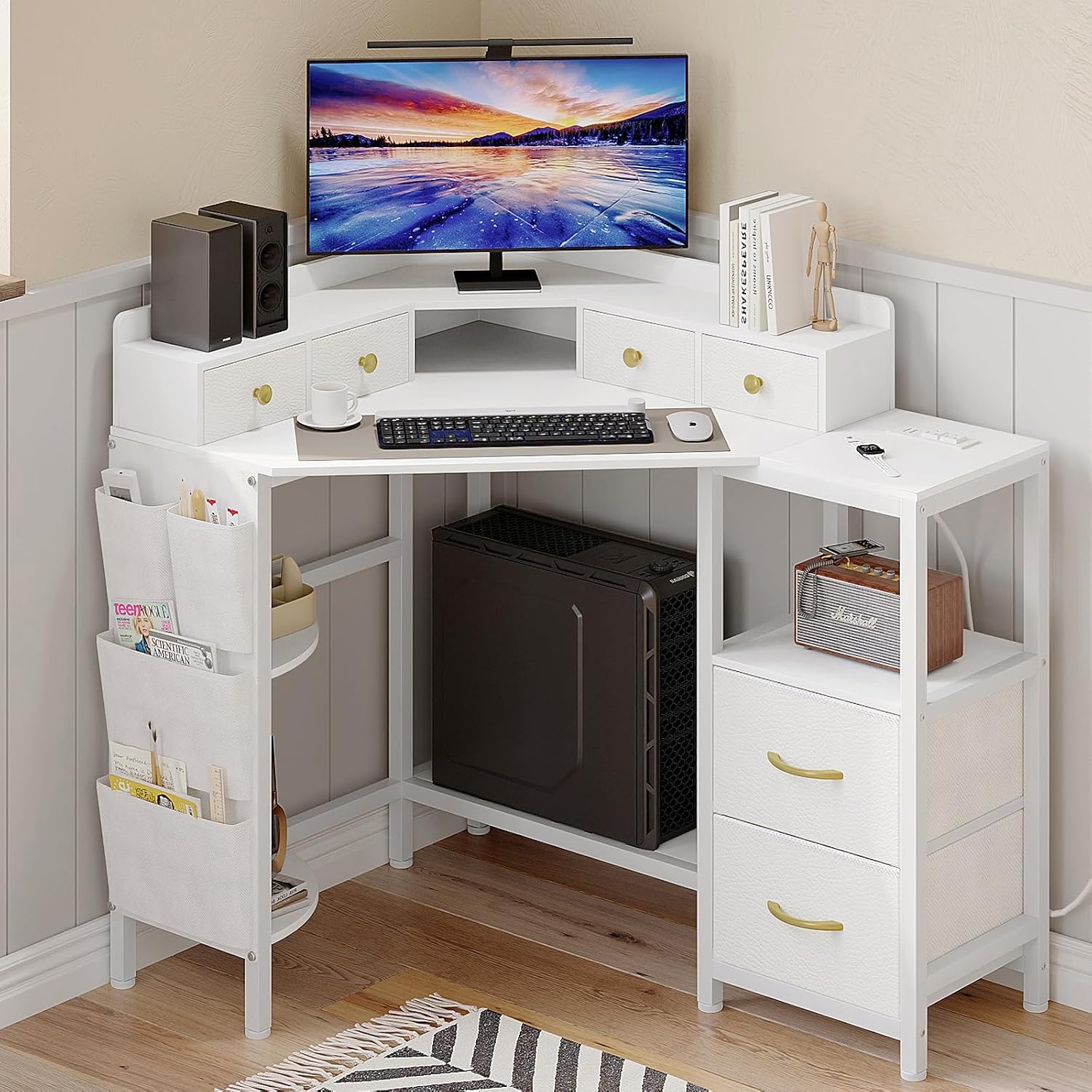 VENNQD Corner Desk with 6 Drawers Shelves for Small Space Computer Desk with Power...