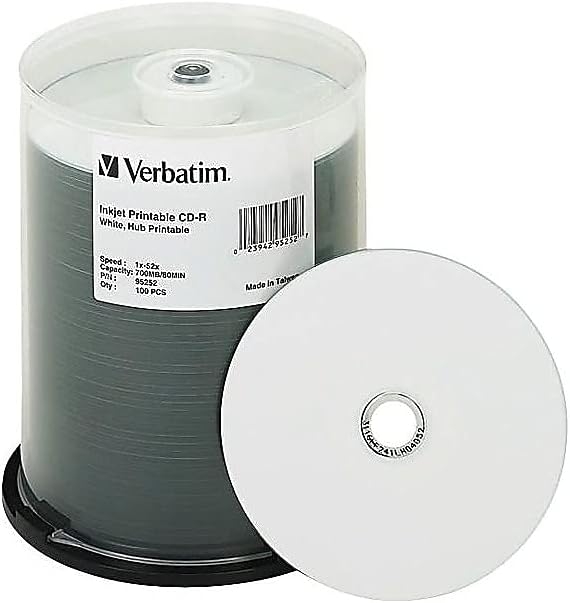 Verbatim CD-R 700MB 52X White Inkjet Hub Printable Recordable Media Disc - 100pk Spindle image