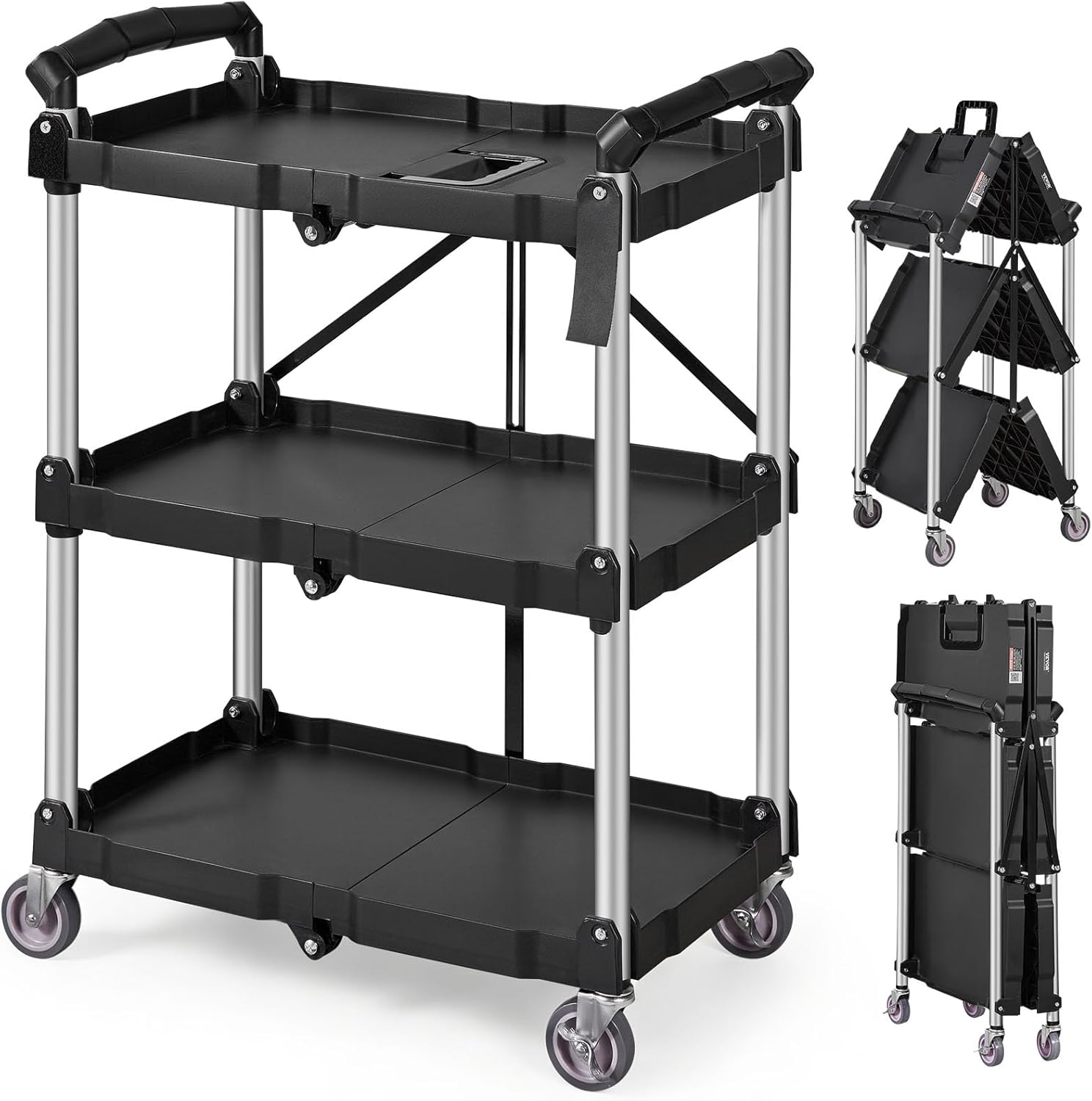 VEVOR Foldable Utility Service Cart, 165LBS 3 Shelf Heavy Duty Plastic Rolling Cart with...