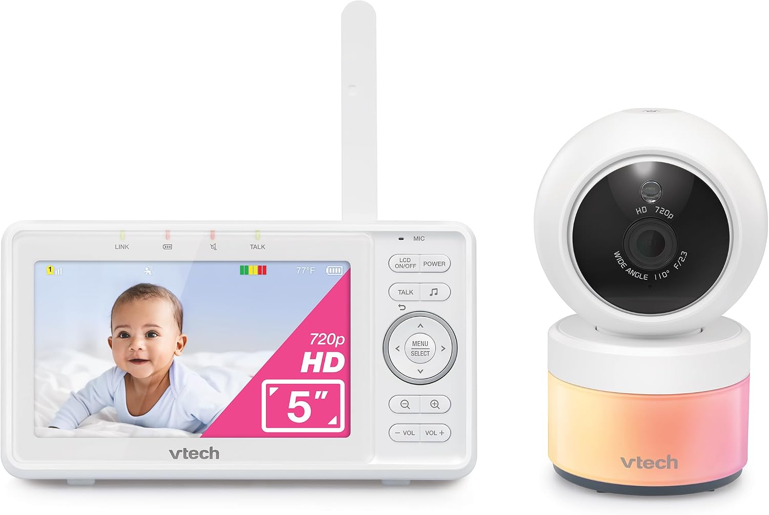 VTech Video Baby Monitor with Camera and Audio, 5" HD LCD Screen, Pan-Tilt-Zoom, 2-Way Talk...
