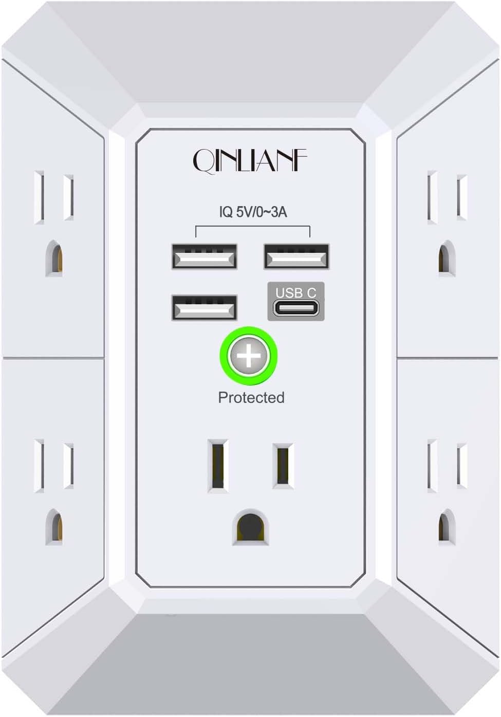 Wall Charger, Surge Protector, QINLIANF 5 Outlet Extender with 4 USB Charging Ports, 3-Sided...
