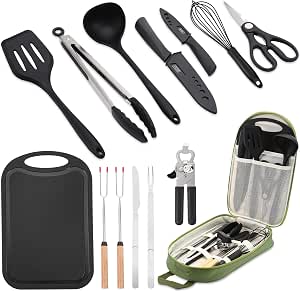 Wesqunie Camping Essentials Cookware Cooking Utensils Set - Portable Camp Kitchen Mess Kit...