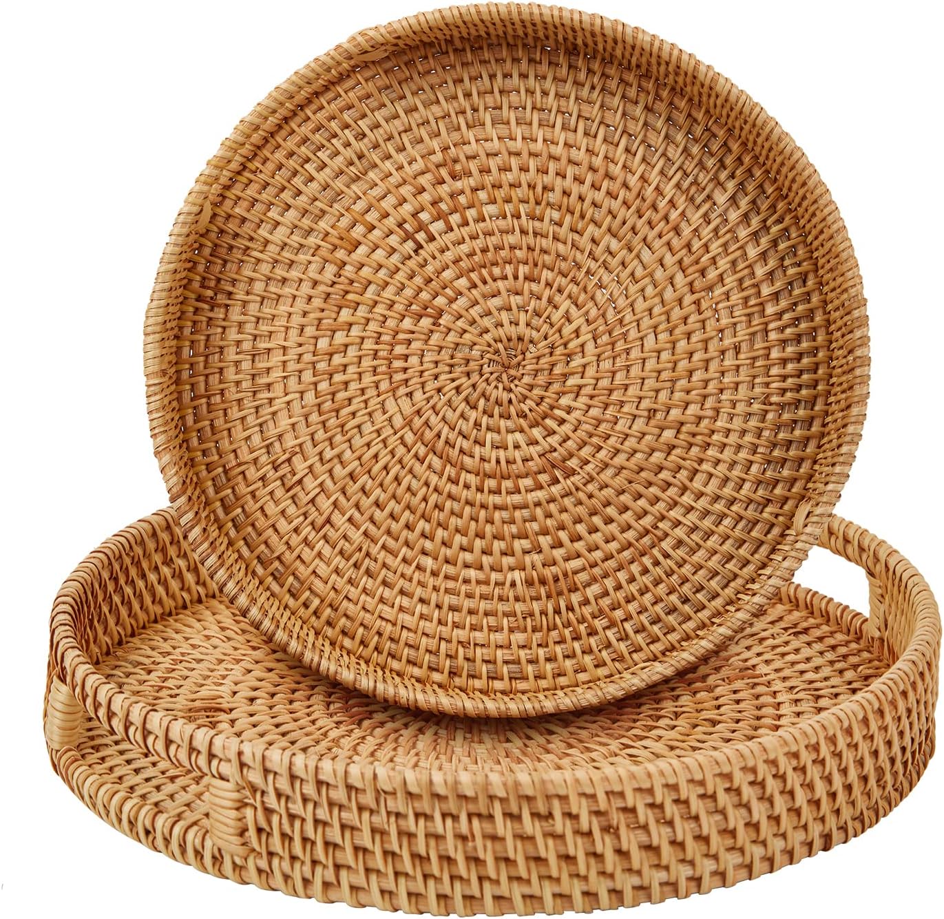 Whalehub Round Rattan Serving Tray with Handles,2 Hand Woven Basket, Home Decor Organizer...