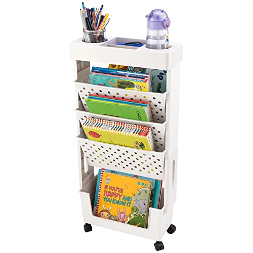 White Rolling Office Paper Organizer, Mobile Book Cart Document Folder File Storage with Pen...