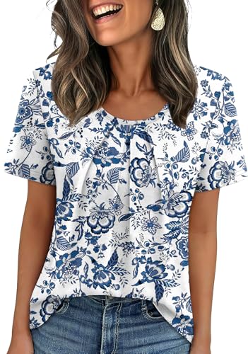WIHOLL Women T Shirts Pleated Short Sleeve Tops Business Casual Dressy Blouses image