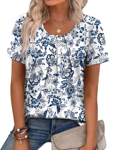 WIHOLL Women T Shirts Pleated Short Sleeve Tops Business Casual Dressy Blouses image