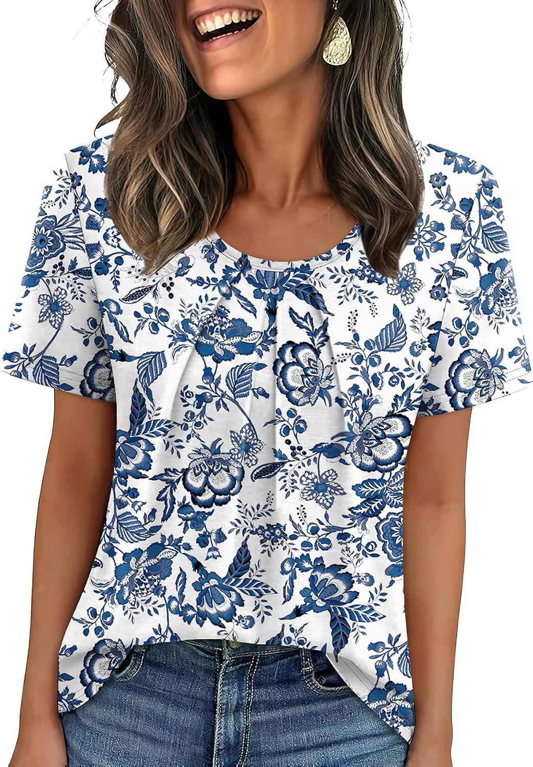 WIHOLL Women T Shirts Pleated Short Sleeve Tops Business Casual Dressy Blouses