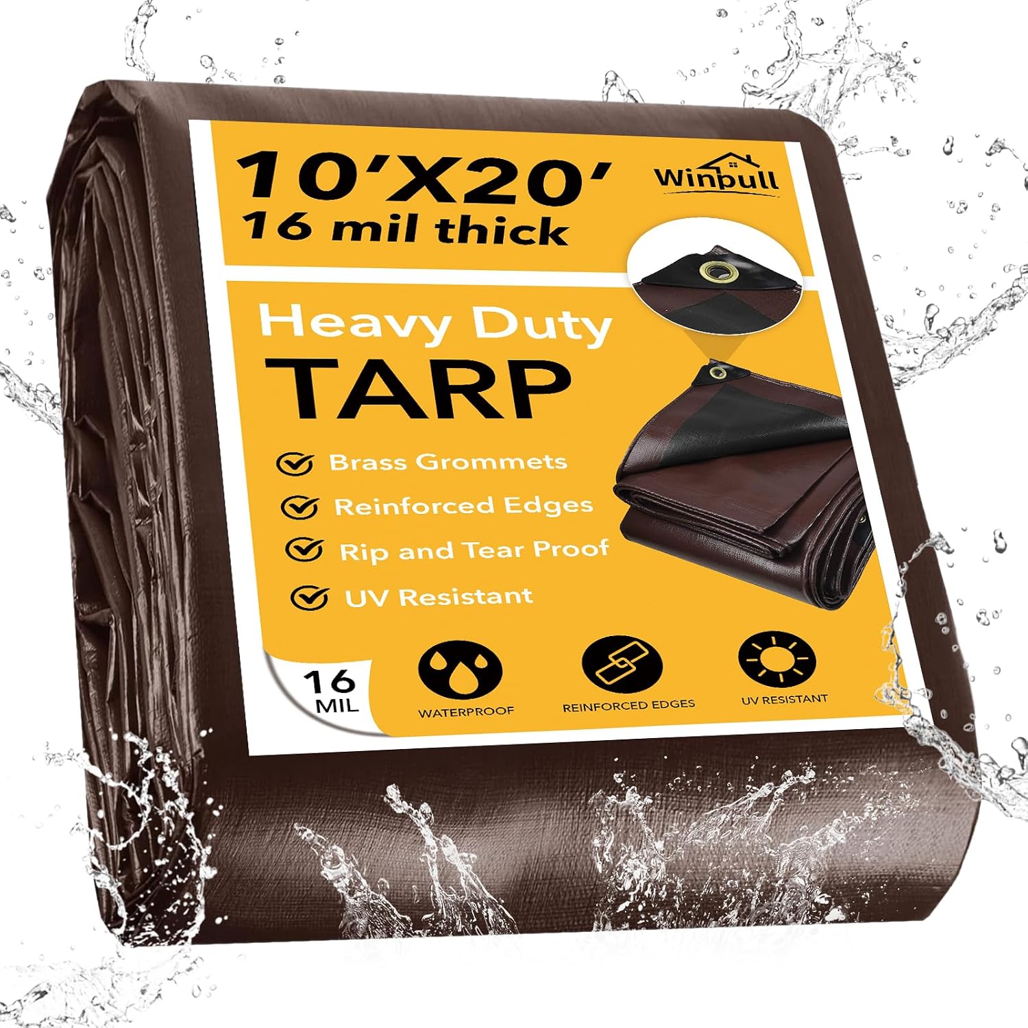 Winpull Tarp 10x20FT, 16 Mil Heavy Duty Large Tarps, Waterproof Tarp with Brass Grommets and...