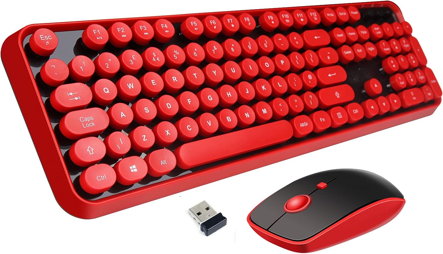 Wireless Keyboard Mouse Combo, 2.4GHz Wireless Typewriter Keyboard with 104 Cute Retro Round...
