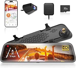 WOLFBOX G840S 12" 4K Mirror Dash Cam Backup Camera, 5.8GHz WiFi Smart Rearview Mirror for...