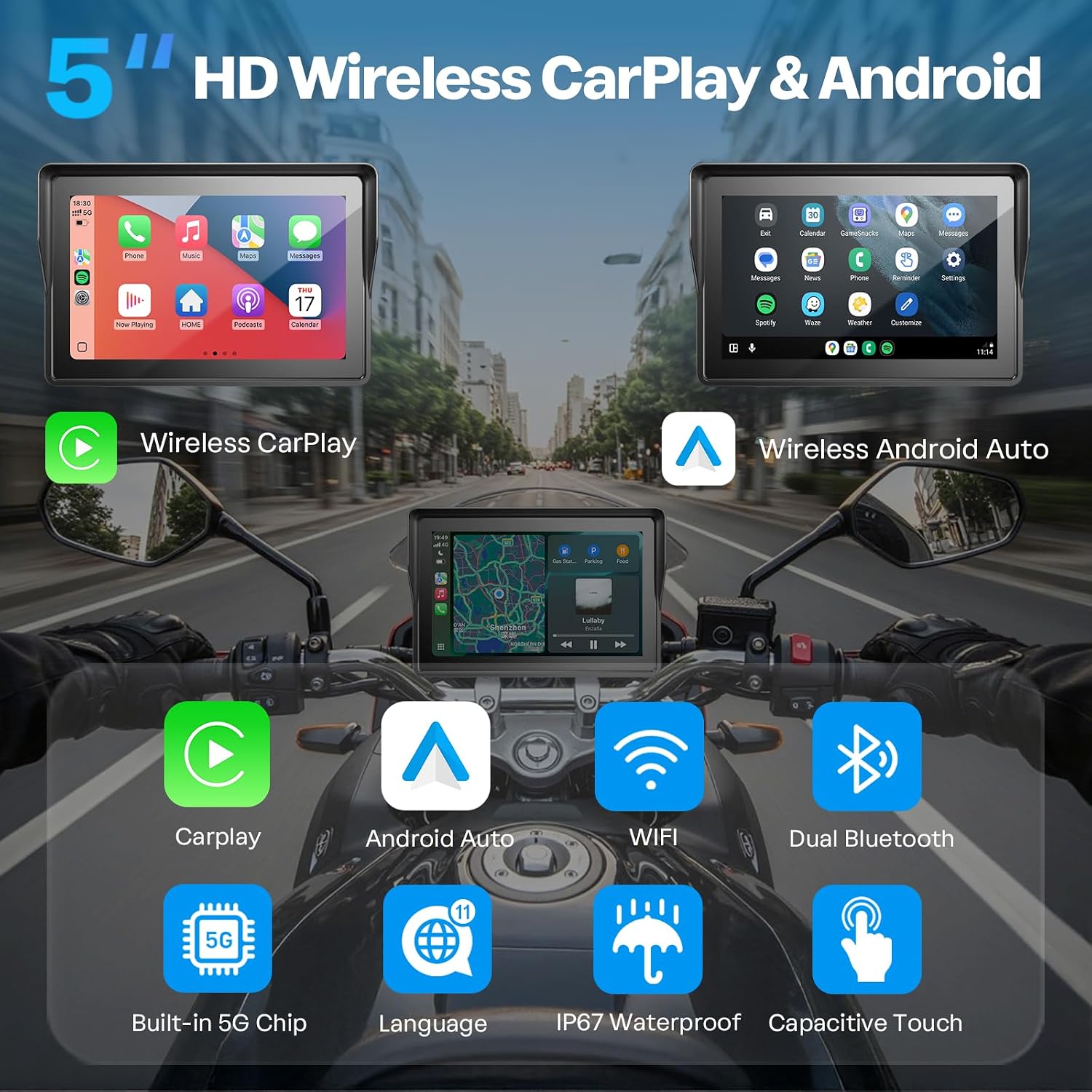 WonVon 5 Inch Motorcycle Carplay GPS Navigation System with Apple Carplay and Android Auto... image