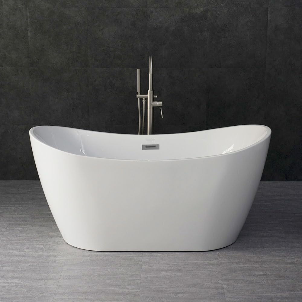 WOODBRIDGE 59" Acrylic Freestanding Bathtub Contemporary Soaking White Tub with Chrome...